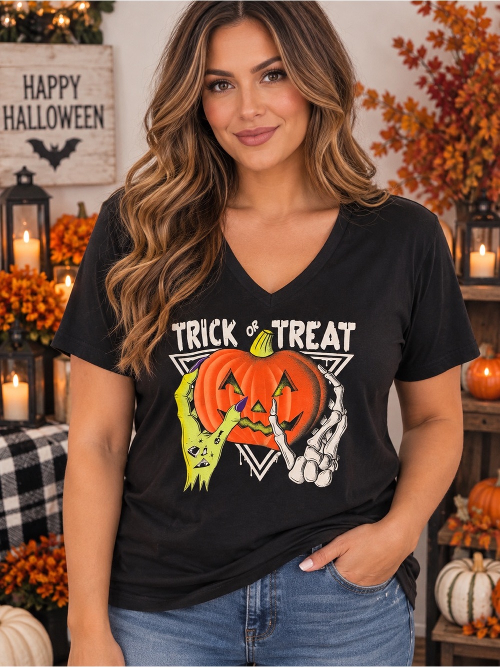 Halloween Trick or Treat Pumpkin Graphic Tee - Black Size 1X